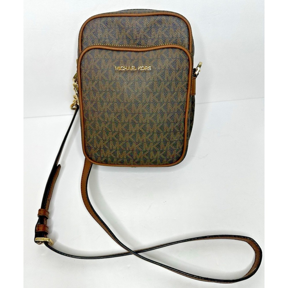 Michael Kors Jet Set Travel Brown Logo Crossbody Unisex Purse Gold Chain